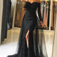 Black Tulle A-Line Off-the-Shoulder  Long Sleeves Prom Dress with Lace Sequins P527 - Ombreprom