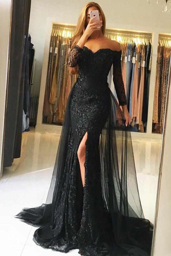 Black Tulle A-Line Off-the-Shoulder  Long Sleeves Prom Dress with Lace Sequins P527 - Ombreprom