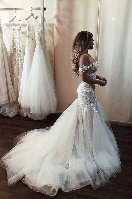 Beauty Off Shoulder Sheath Lace Appliques Wedding Dresses Bridal Dresses