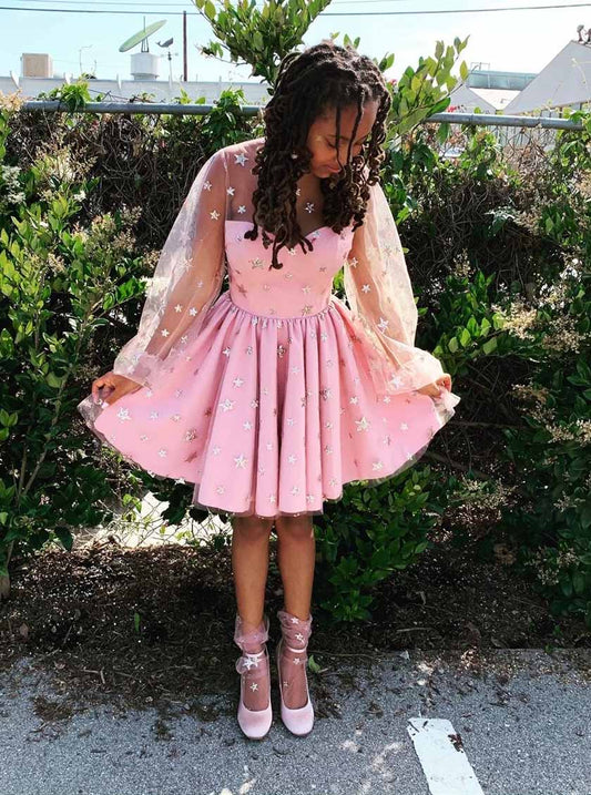 Glitter Star Long Sleeves Homecoming Dresses Starry Night Pink Sweet 15 Dresses
