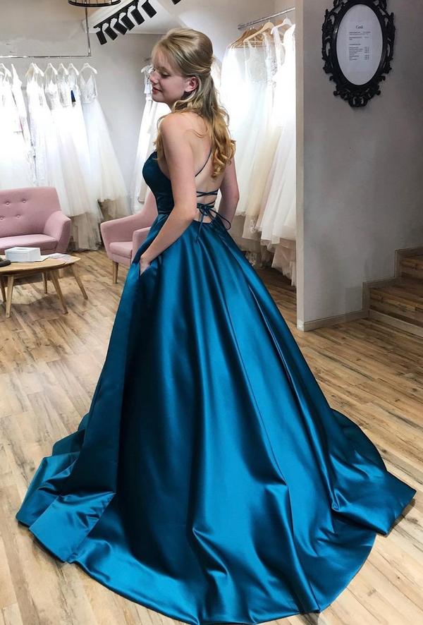 A-Line Satin Spaghetti Straps Pageant Dance Dresses Long Prom Dresses