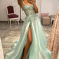 Mint Green Tulle Lace A Line Appliques Long Prom Dresses