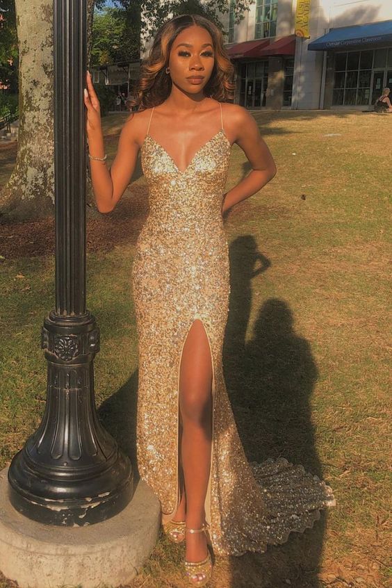 Spaghetti Straps Gold Mermaid Sequin Sheath Long Prom Dresses With Side Slit