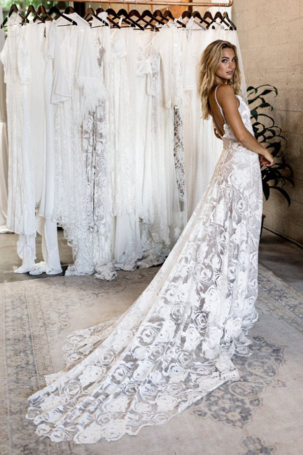 Elegant Spaghetti Straps Backless Long Simple Beach Wedding Dresses