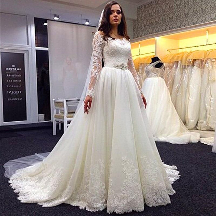 Elegant Long Sleeves Off The Shoulder Tulle Lace Appliques With Traili