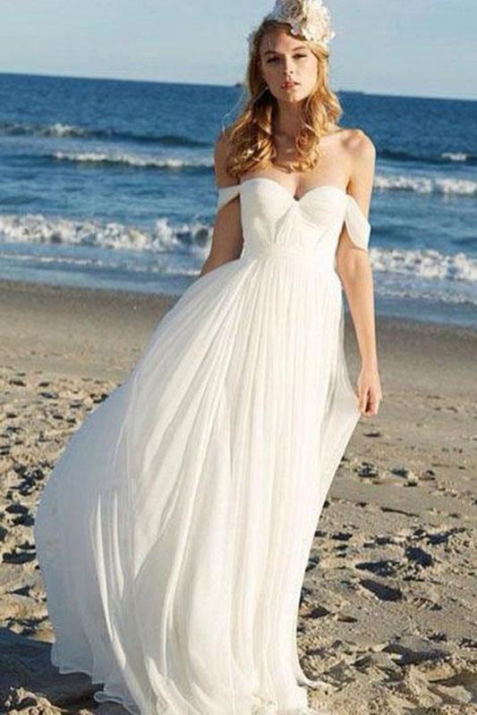 Afflordable Flowy Unique Ivory Chiffon Off The Shoulder Lace Up Beach Wedding Dresses W329