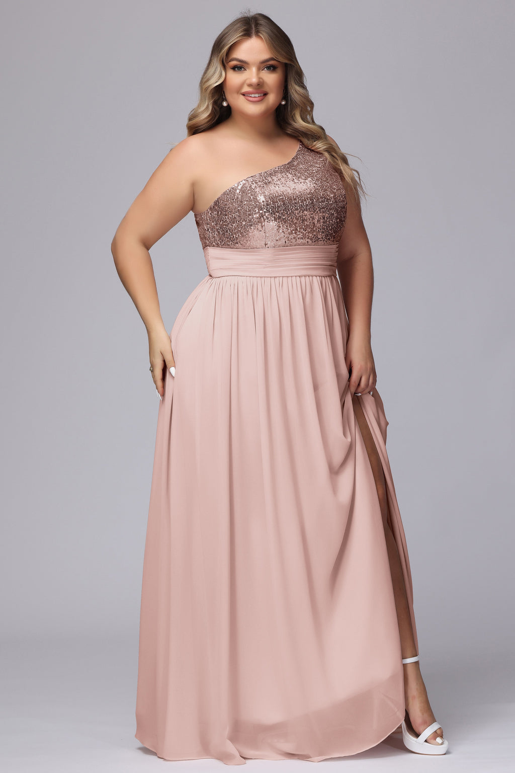 One-Shoulder Sequins Plus Size Bridesmaid Dress with Pockets