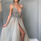 Sparkly Open Back Deep V-neck Long Slit Prom Dresses