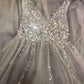 Sparkly Open Back Deep V-neck Long Slit Prom Dresses