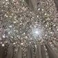 Sparkly Open Back Deep V-neck Long Slit Prom Dresses
