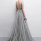 Sparkly Open Back Deep V-neck Long Slit Prom Dresses