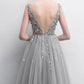 Sparkly Open Back Deep V-neck Long Slit Prom Dresses