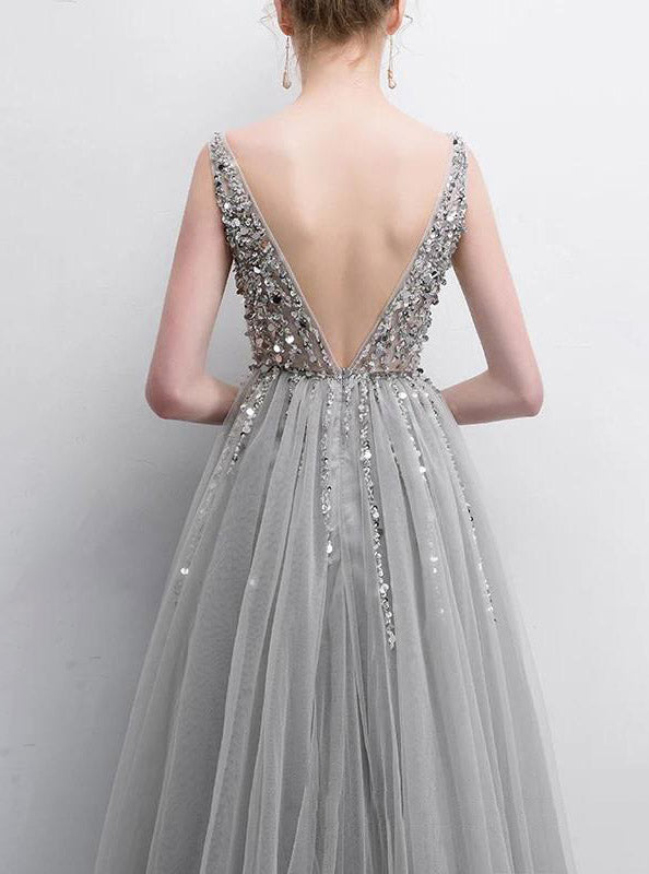 Sparkly Open Back Deep V-neck Long Slit Prom Dresses