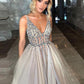 Sparkly Open Back Deep V-neck Long Slit Prom Dresses