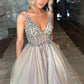 Sparkly Open Back Deep V-neck Long Slit Prom Dress