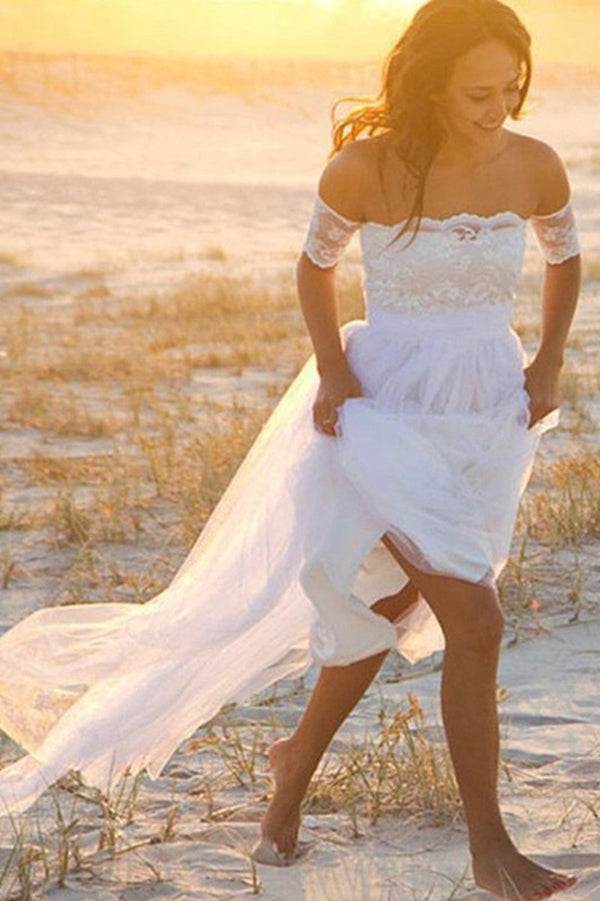 Simple Off Shoulder Short Sleeves Tulle Lace Beach Wedding Dresses