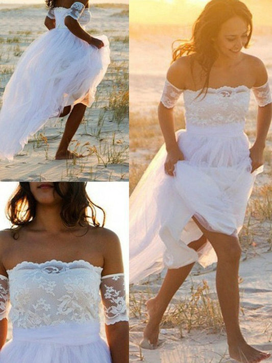 Simple Off Shoulder Short Sleeves Tulle Lace Beach Wedding Dresses