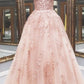Lace Appliques Pink A LineTulle Long Prom Dresses With Straps