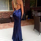 Mermaid Sequins Evening Dresses Spaghetti Straps Formal Dresses Long V-Neck Navy Blue