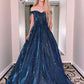 A Line Blue Sweetheart Formal Evening Dresses Long Off Shoulder Prom Dresses