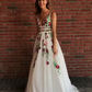 Elegant Lace A Line Backless Prom Dresses with Handmade Flower Appliques