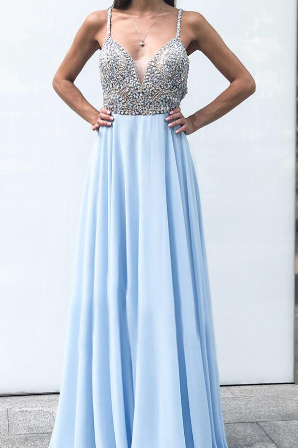 Flossy Spaghetti Straps Prom Dresses A Line Formal Party Dresses with Beading