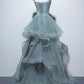 Gray Spaghetti Straps Tulle Princess Formal Evening Party Dresses Long Formal Prom Dresses