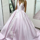 Light Pink Satin V Neck Ball Gown Long Lace Appliques Evening Dresses Prom Dresses