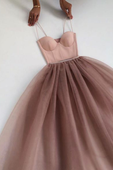 Dusty Rose A-Line Tulle Floor Length Spaghetti Straps Sweetheart Evening Party Dresses Prom Dresses