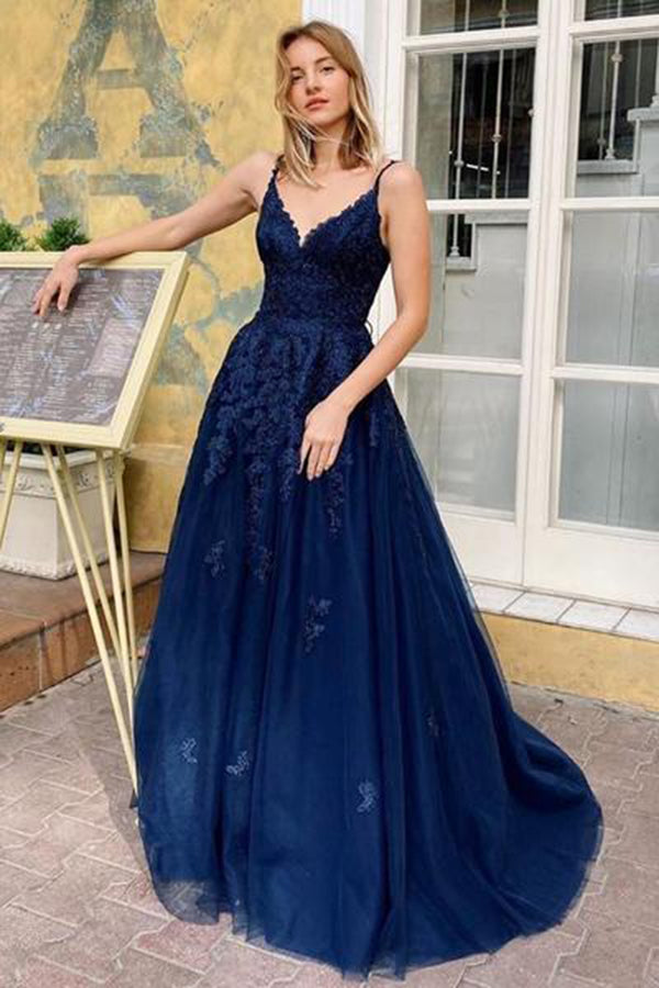 Navy Blue Lace V-Neck Spaghetti Straps A-Line Tulle Appliques Long Evening Gowns Prom Dresses