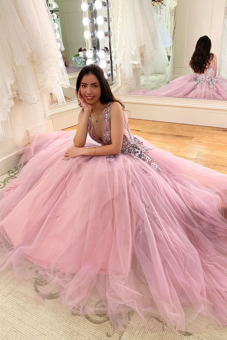Pink A-Line Beaded Tulle V-Neck Long Formal Evening Dresses Prom Dresses