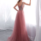 Beautiful Sleeveless Blush Pink V Neck Long Prom Dresses