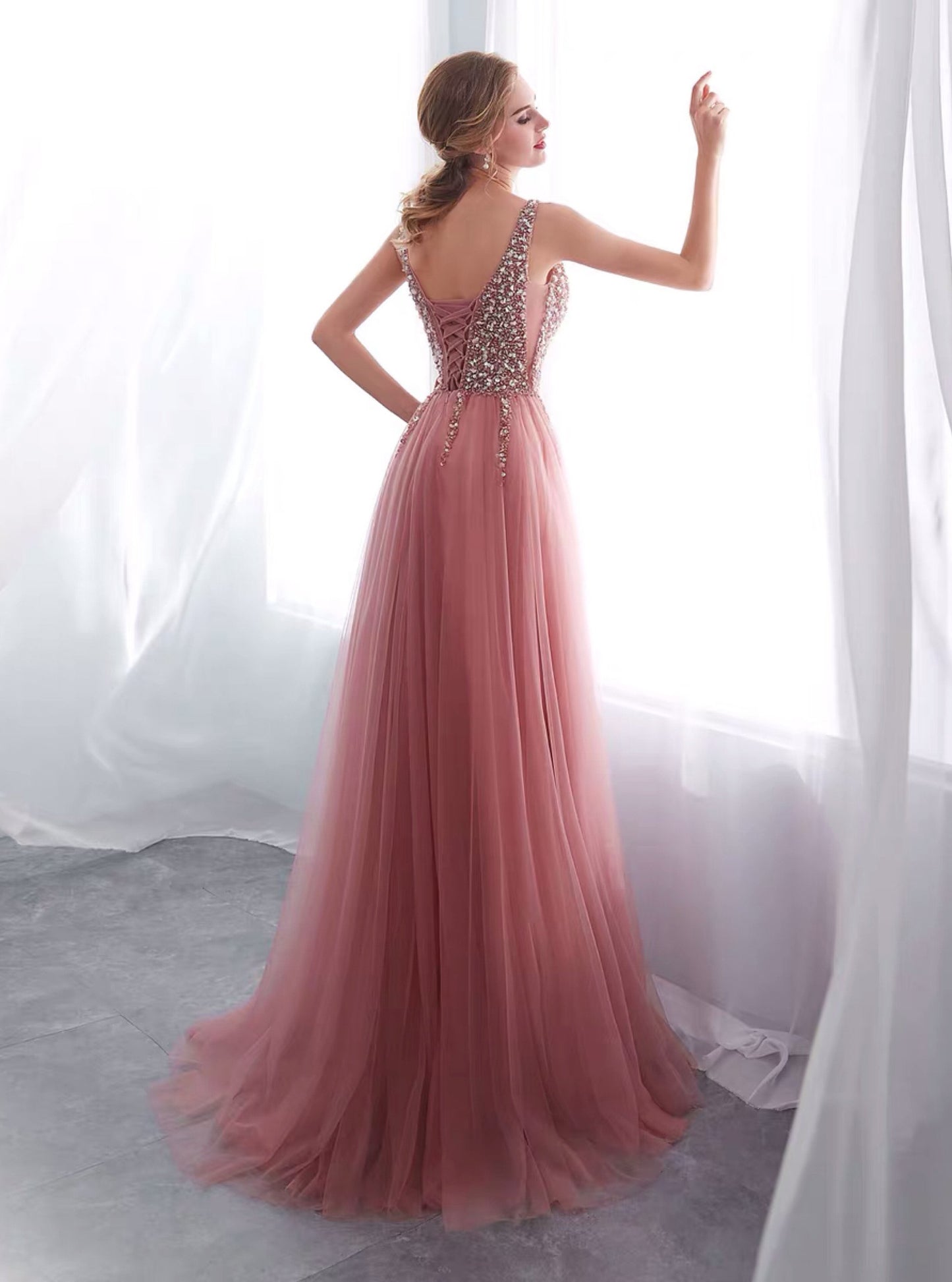 Beautiful Sleeveless Blush Pink V Neck Long Prom Dresses