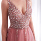 Beautiful Sleeveless Blush Pink V Neck Long Prom Dresses