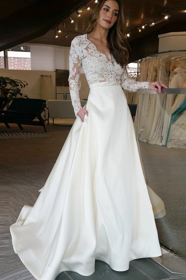 Sexy Long Sleeve See Through V-neck Lace Appliques Wedding Dresses W328