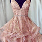 Pink A Line Unique Sparkly V Neck Mini Homecoming Dresses Puffy Short Prom Dress