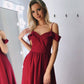 Simple Burgundy Off-the-shoulder Split Long Prom Dresses Evening Dresses
