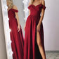 Simple Burgundy Off-the-shoulder Split Long Prom Dress Evening Dress