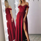 Simple Burgundy Off-the-shoulder Split Long Prom Dresses Evening Dresses