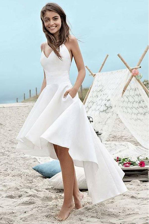 Simple White V-Neck Sleeveless Spaghetti Straps High Low Beach Wedding Dress with Pockets,W173