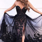 Black Lace Sequins Sweetheart Appliques Long Prom Dresses With Slit Evening Dresses