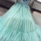 A Line Mint Green Sweetheart Tulle Appliques Long Prom Dresses