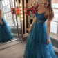 Long Prom Dresses A Line Blue Tulle Lace Appliques Formal Evening Dresses