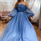 A Line Formal Evening Dresses Blue Organza Long Sleeves Strapless Prom Dresses