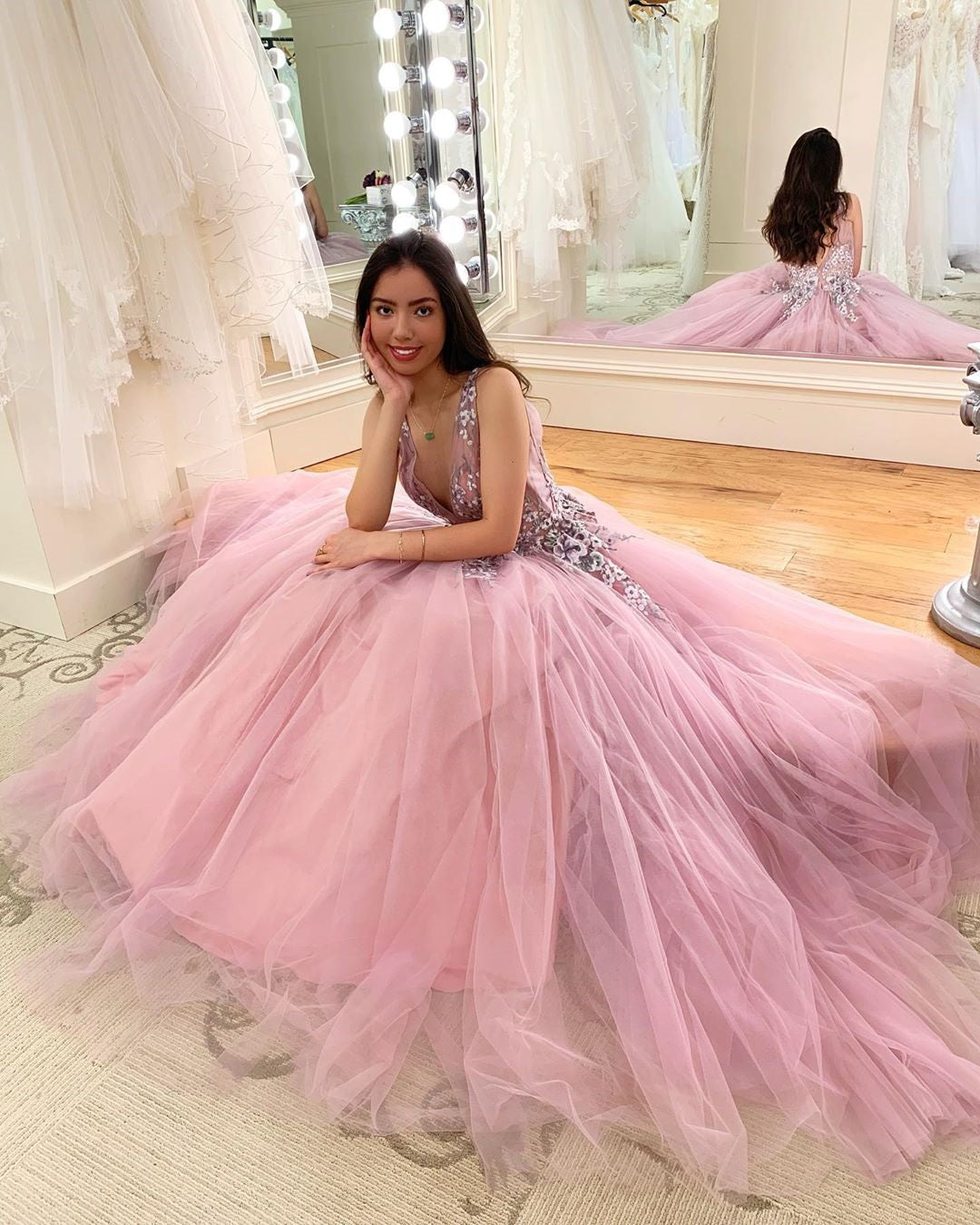 Pink A-Line Beaded Tulle V-Neck Long Formal Evening Dresses Prom Dresses