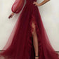 Tulle Prom Dresses A Line Long Evening Dresses Burgundy One Shoulder