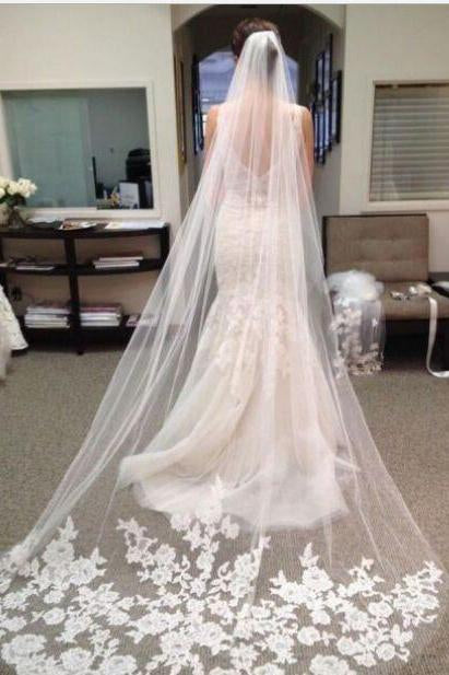 Lace Edge Chapel Length Tulle With Applique Wedding Veils