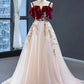 A Line Vintage Red Top Straps Tulle Formal Dresses Vintage Red Long Appliques Prom Dresses