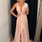 V Neck A Line Chifon Formal Evening Dresses Pink Long Front Split Prom Dresses