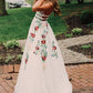 Elegant Lace A Line Backless Prom Dresses with Handmade Flower Appliques